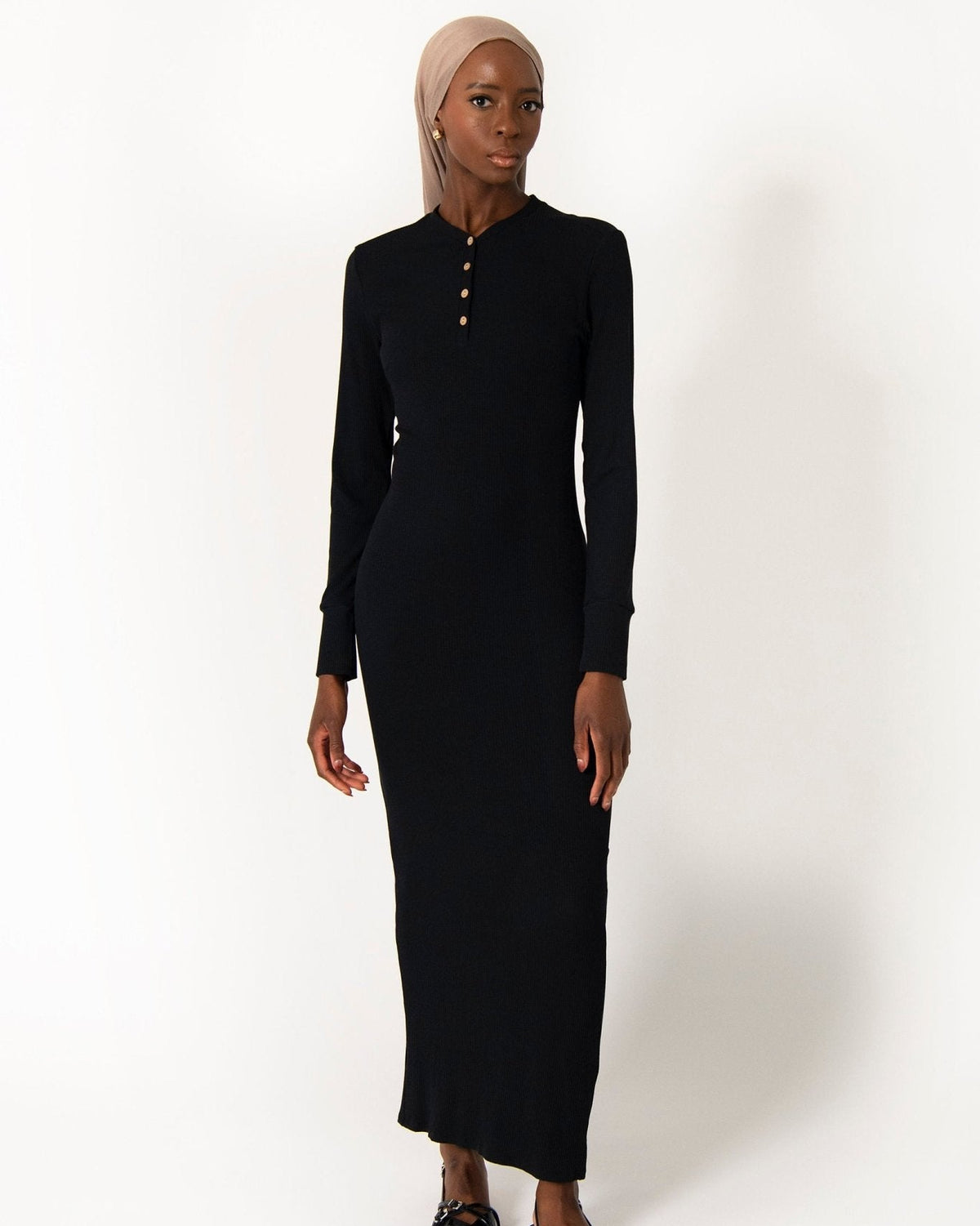 Modest Ribbed Henley Maxi Dress | Long Sleeve
